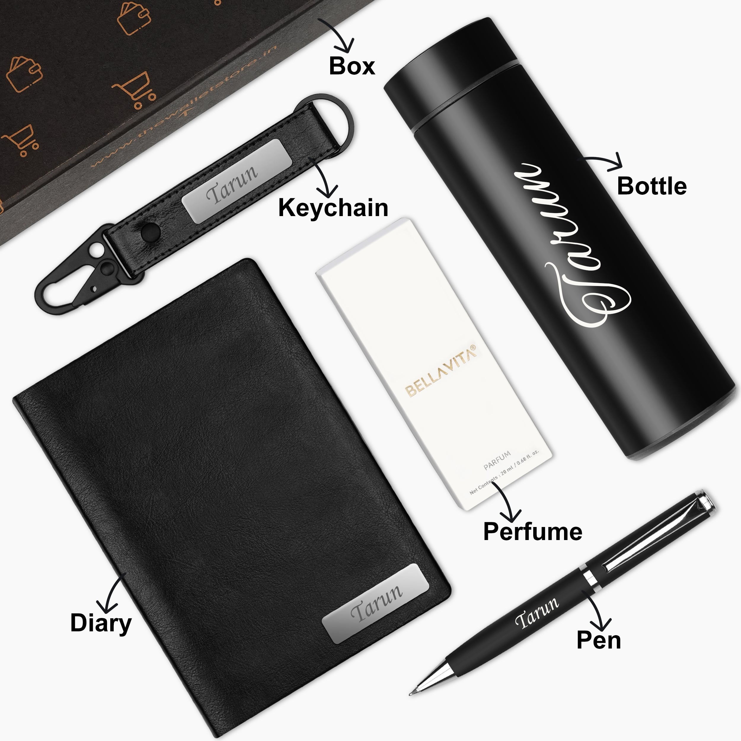 Personalized Signature Luxe Diary Pen Keychain Perfume & Flask Gift Set - Black