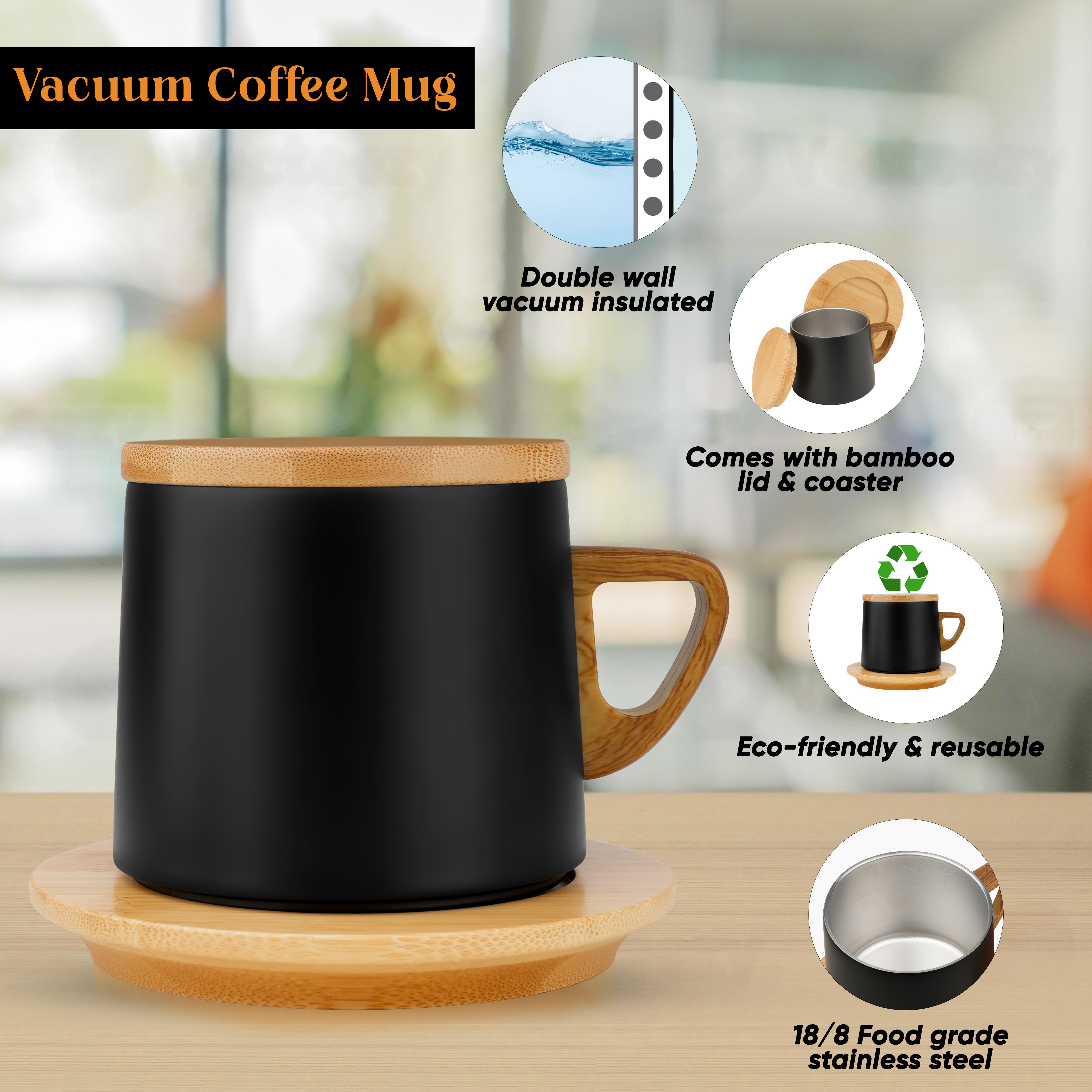 Eco Brew Ceramic Coffee Mug With Bamboo Lid & Saucer - Black