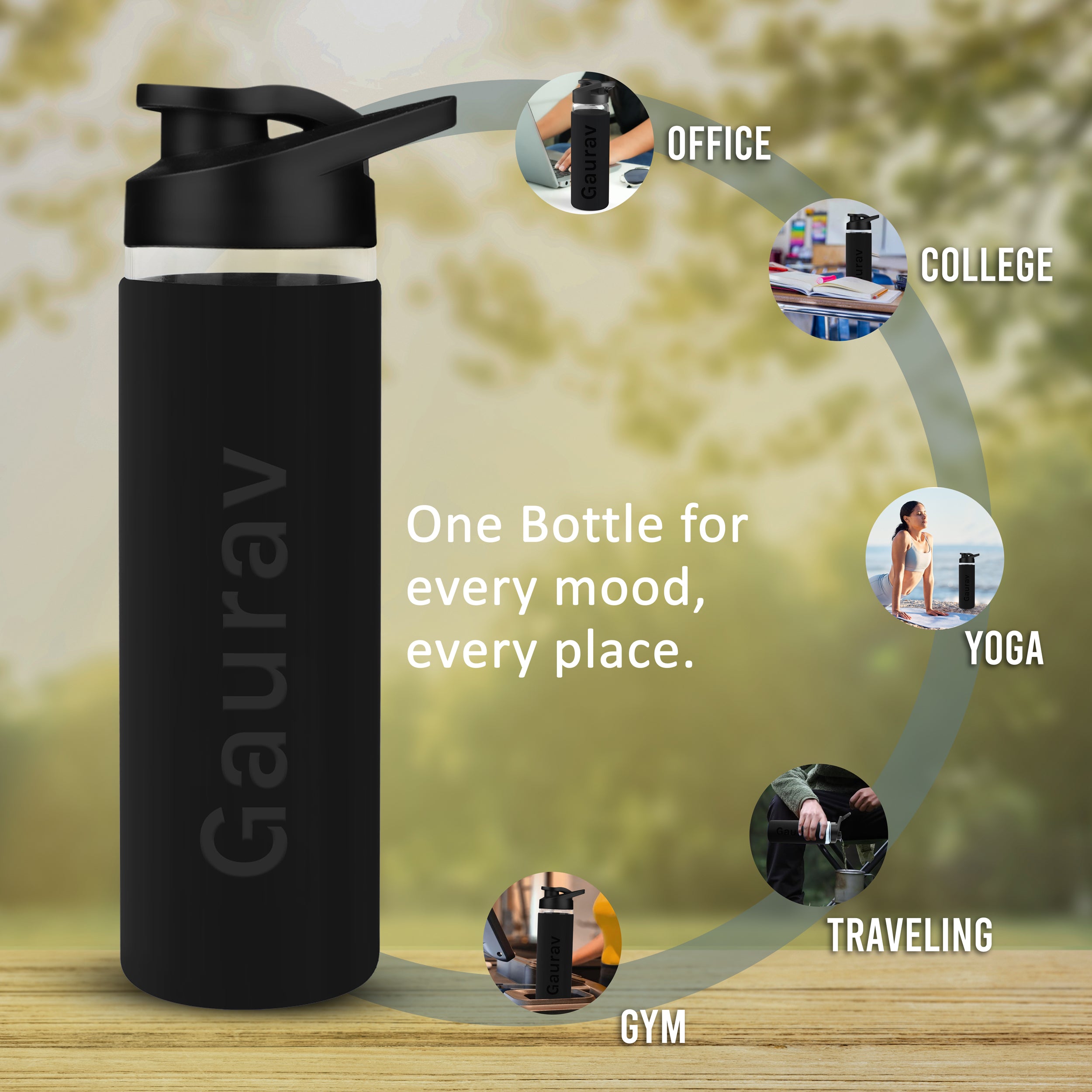 Personalized Pure Wrap Borosilicate Sipper Bottle - Black