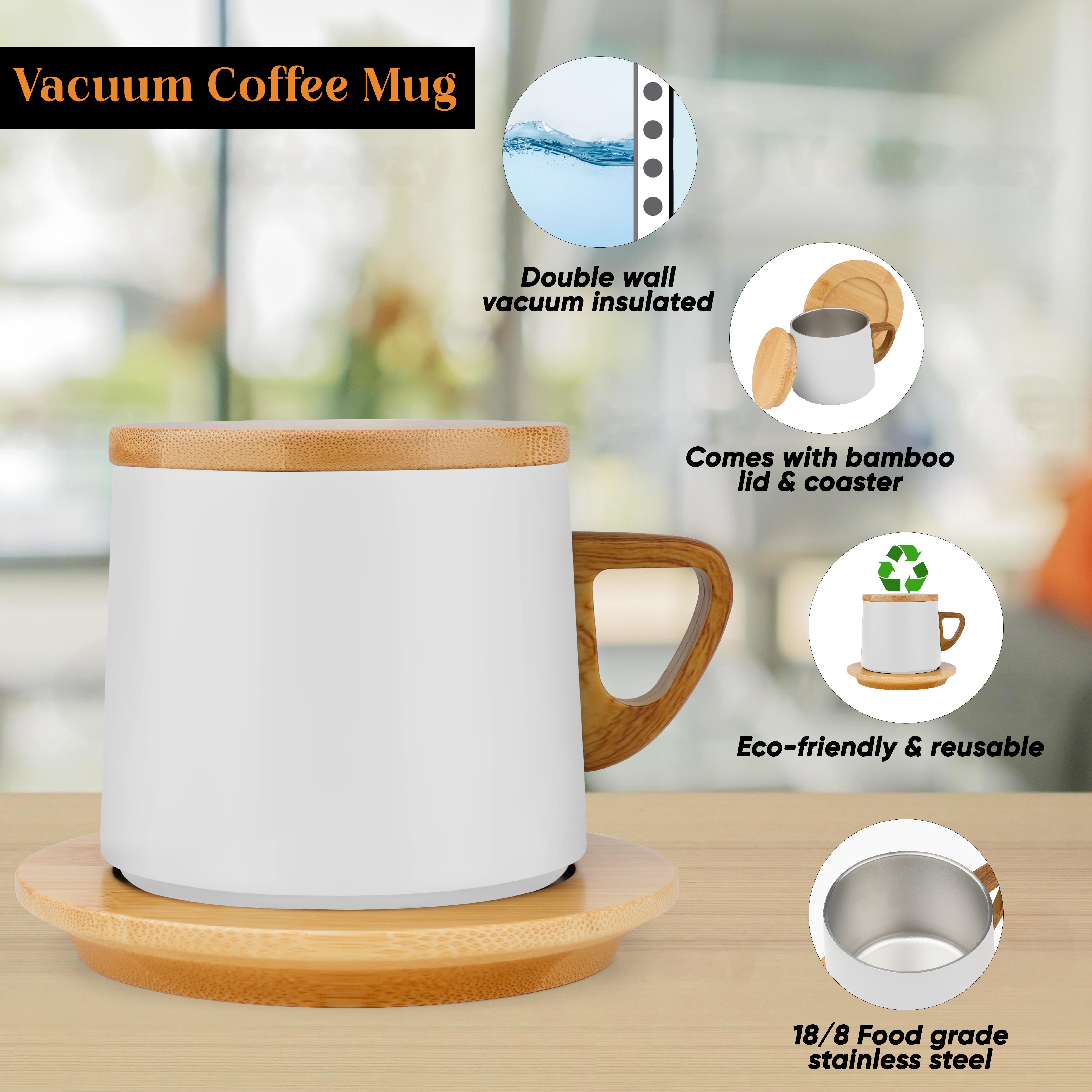 Eco Brew Ceramic Coffee Mug With Bamboo Lid & Saucer - White
