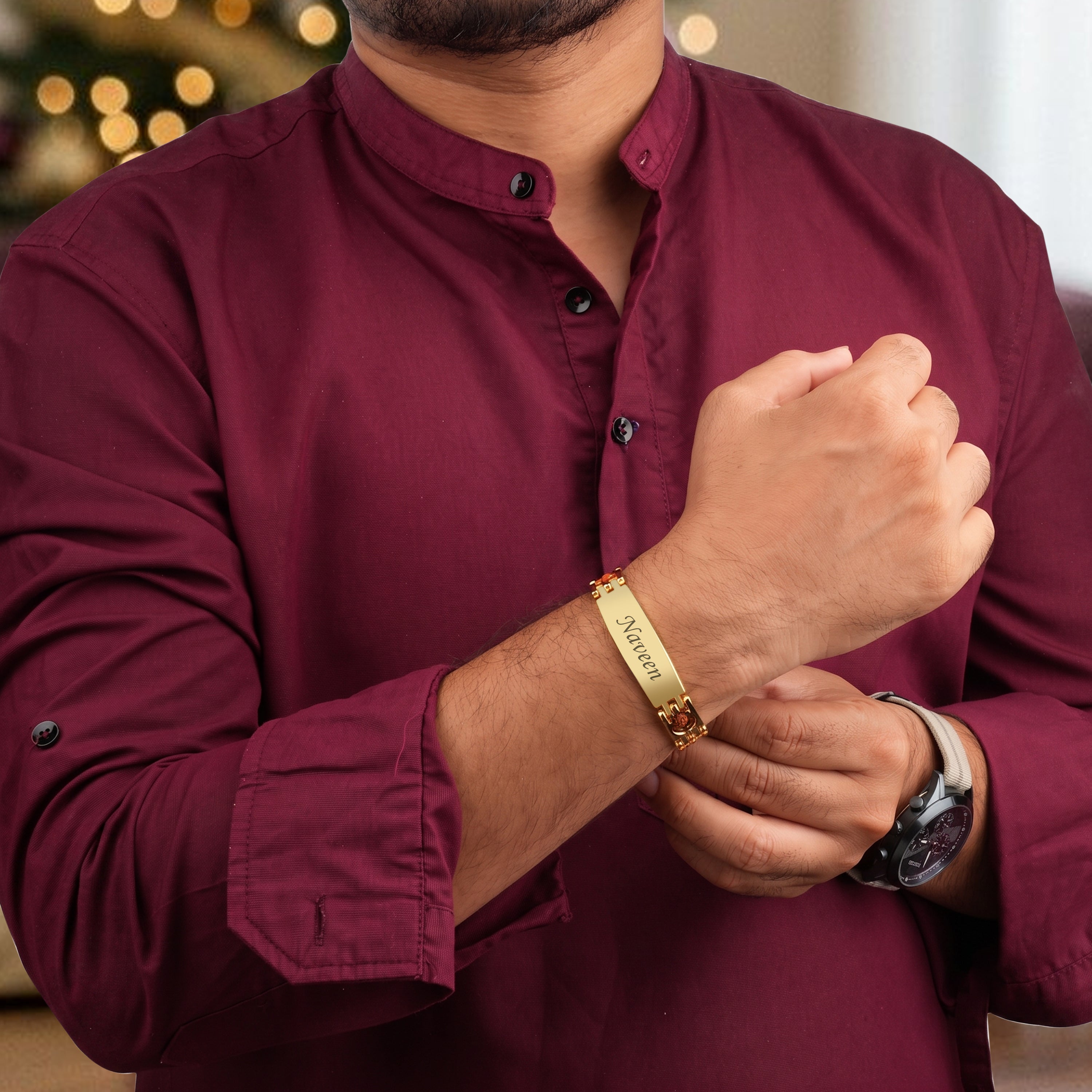 Personalized Rudra Bandhan Bracelet Rakhi With Gift Box - Golden