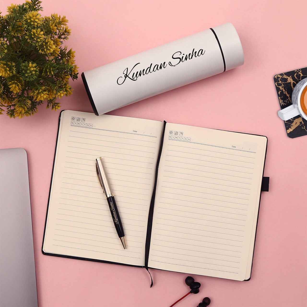 Personalized Black Diary Pen And White Bottle Combo