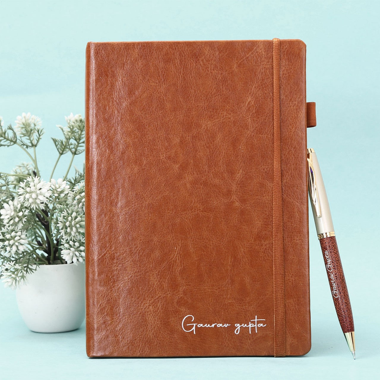 Personalized Brown Diary Pen And White Bottle Combo