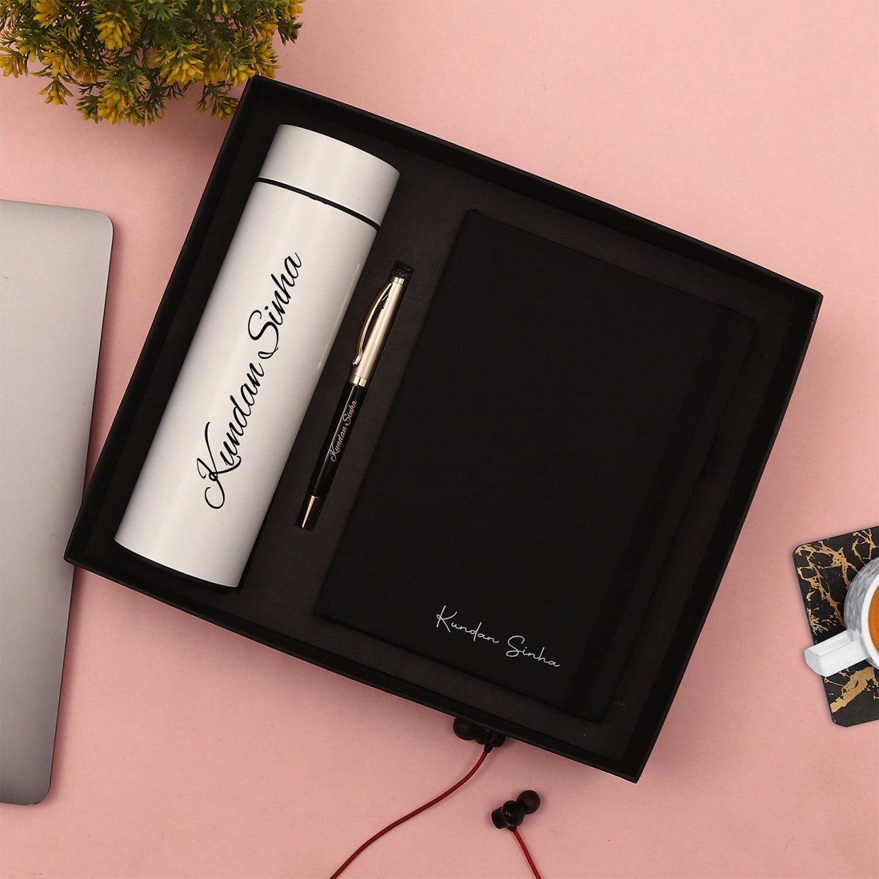 Personalized Black Diary Pen And White Bottle Combo