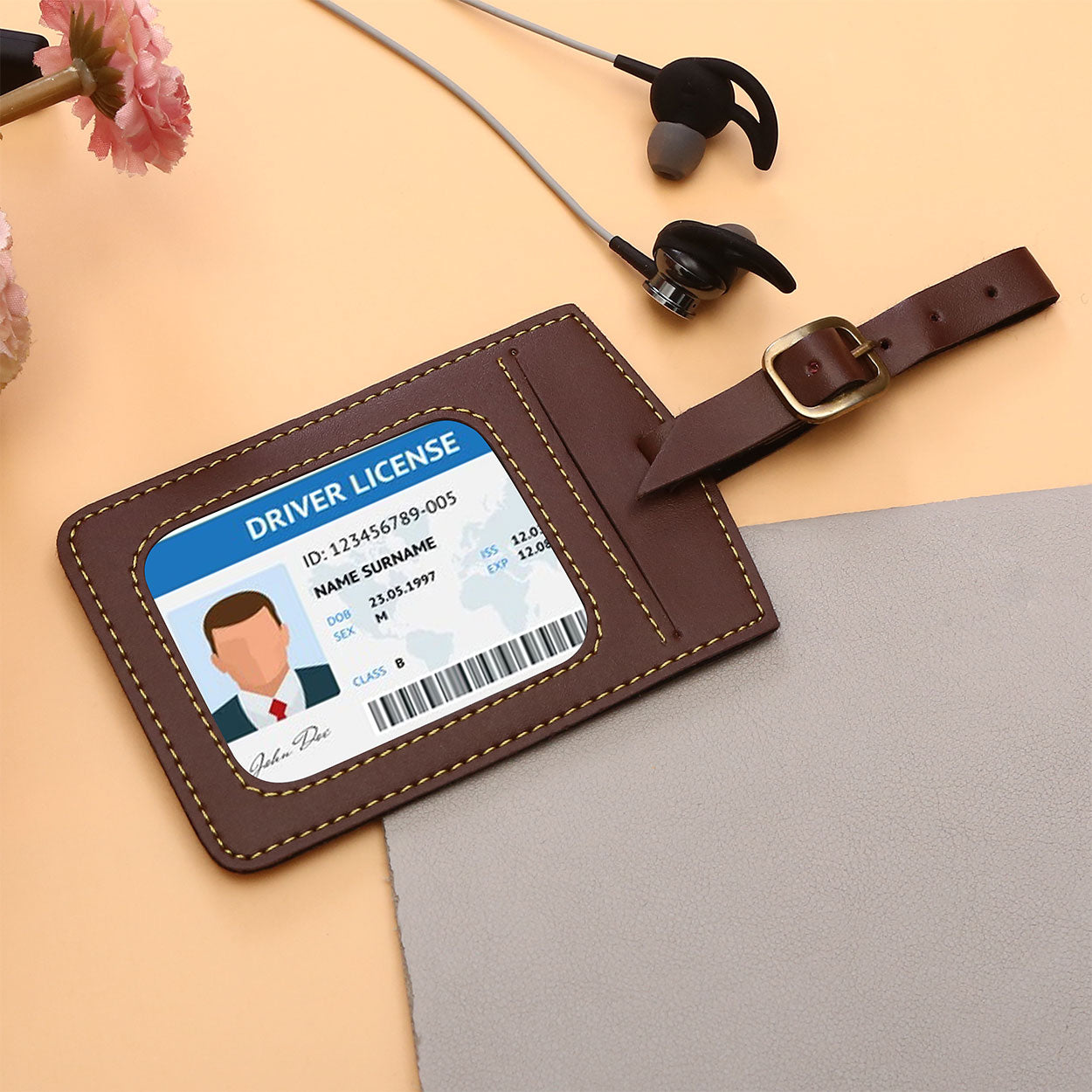 Personalized Luggage Tag With Name & Charm - Brown
