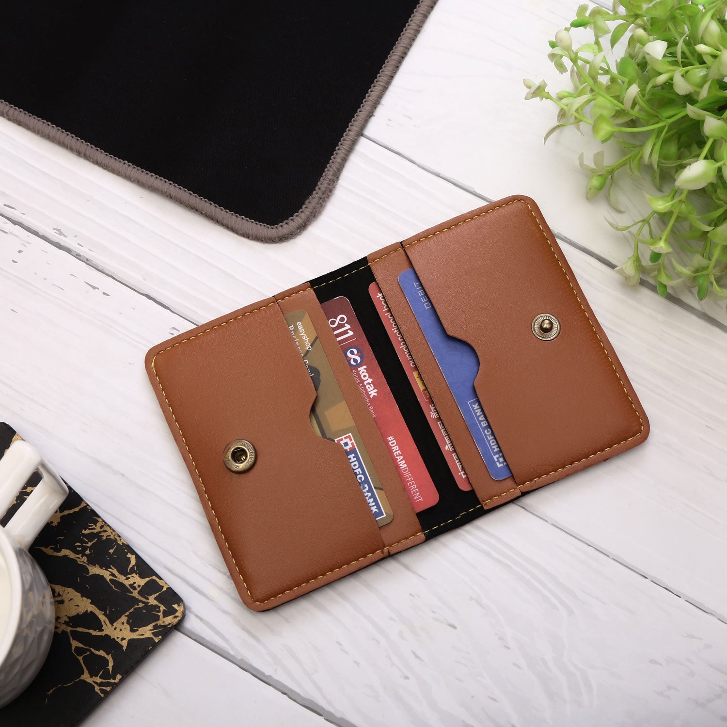 Personalized Card Holder With Name & Charm - Tan
