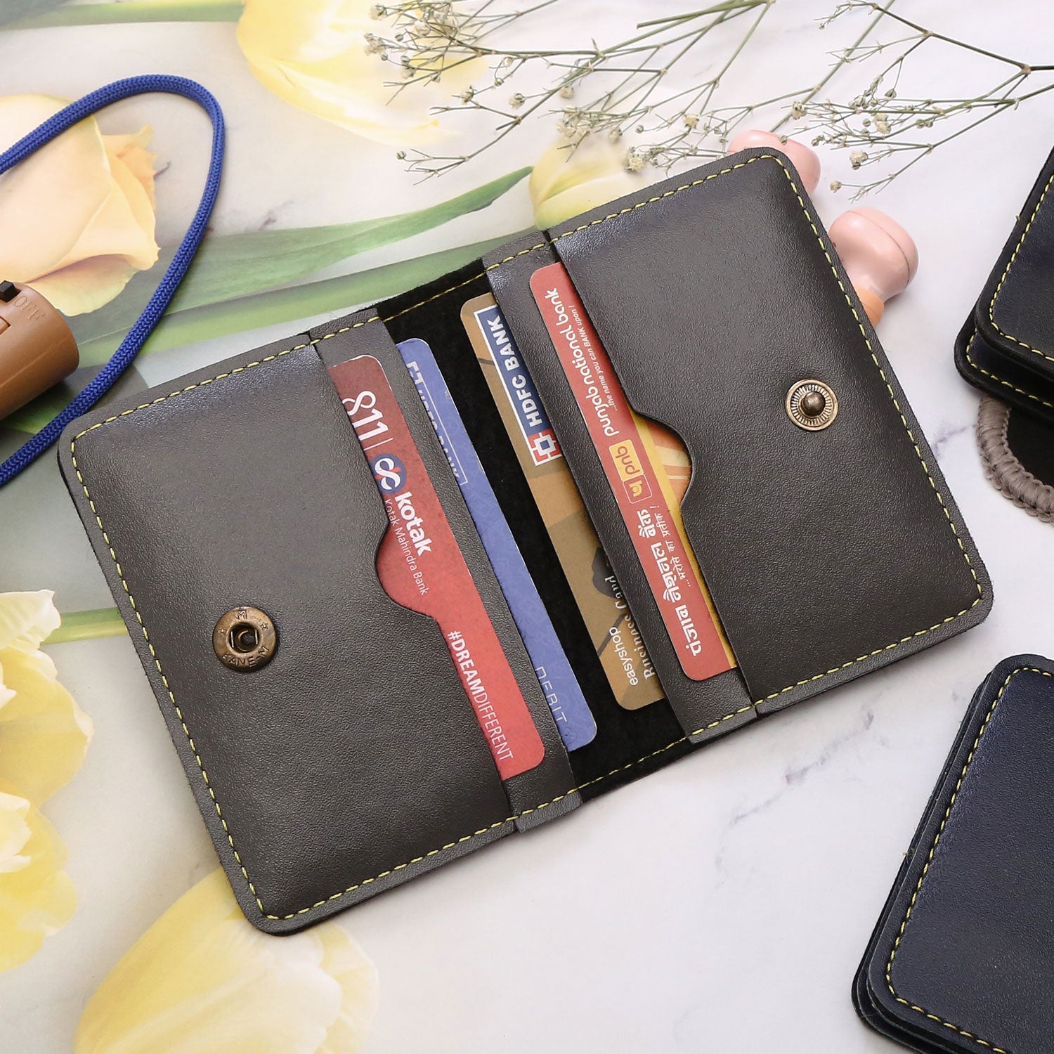 Personalized Card Holder With Name & Charm - Grey