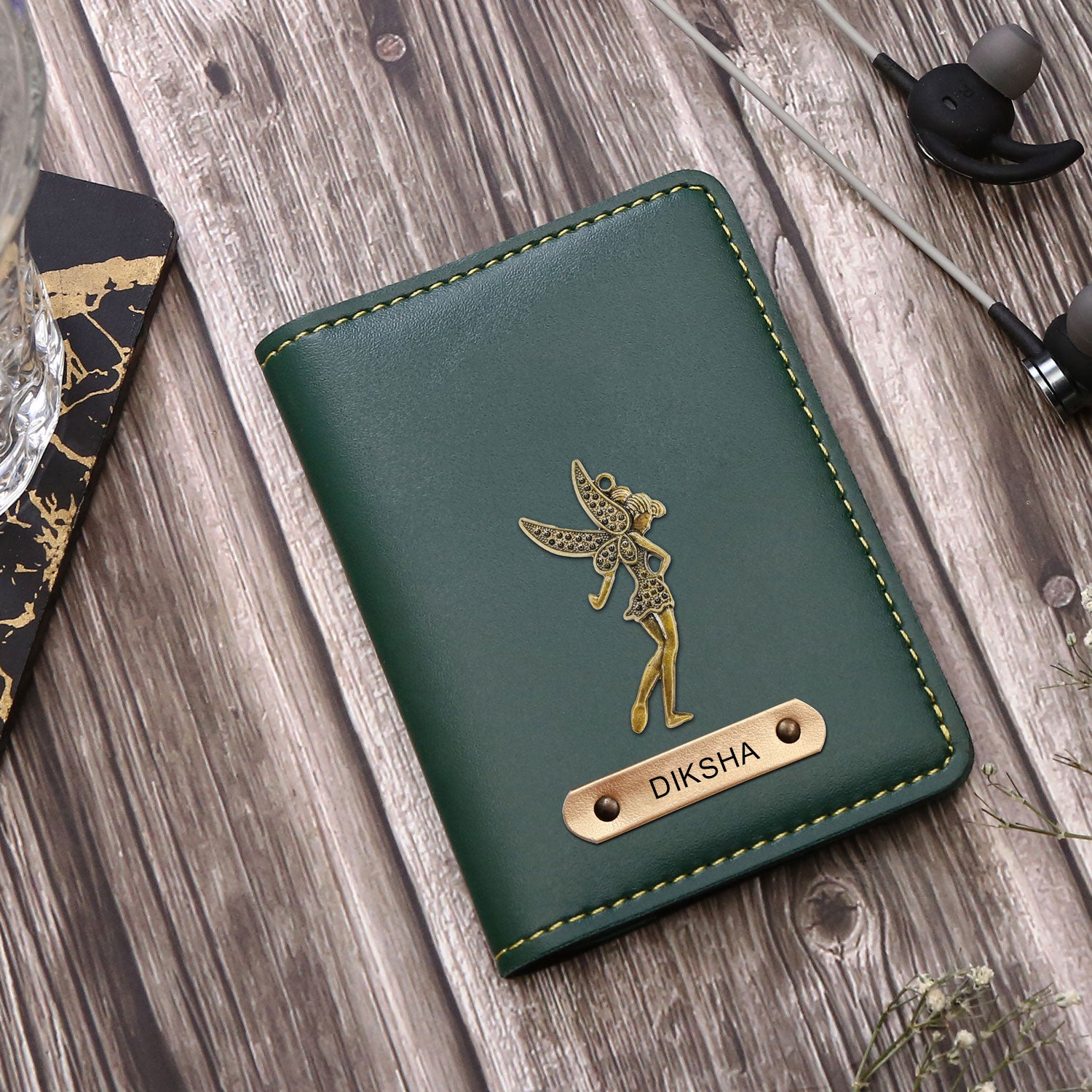 Personalized Card Holder With Name & Charm - Green