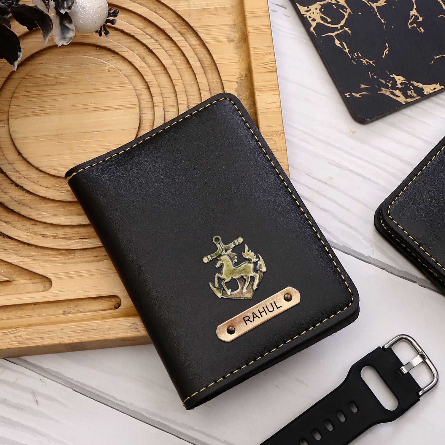 Personalized Black Card Holders with Name Charm