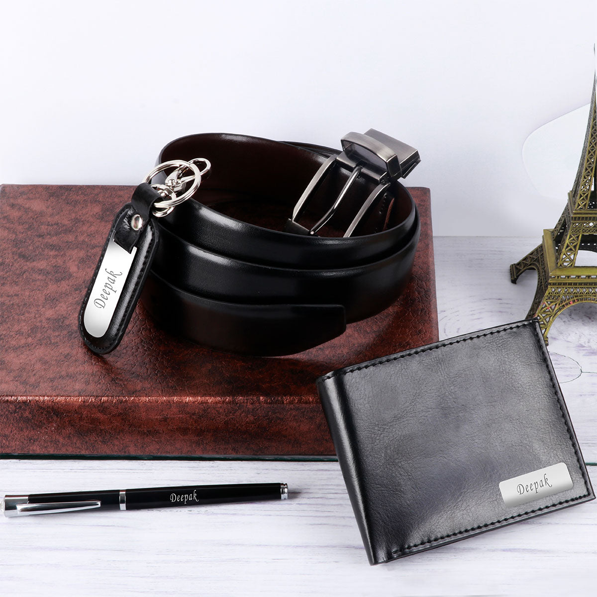Personalized Belt Keychain Wallet & Pen Combo Black Color