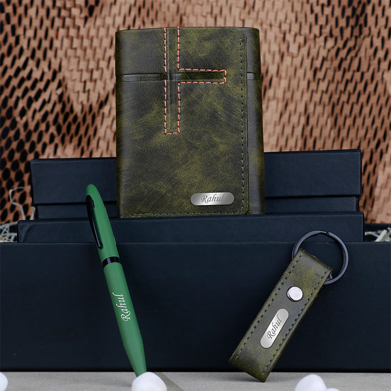 Personalized Green Wallet Keychain & Pen Gift Set
