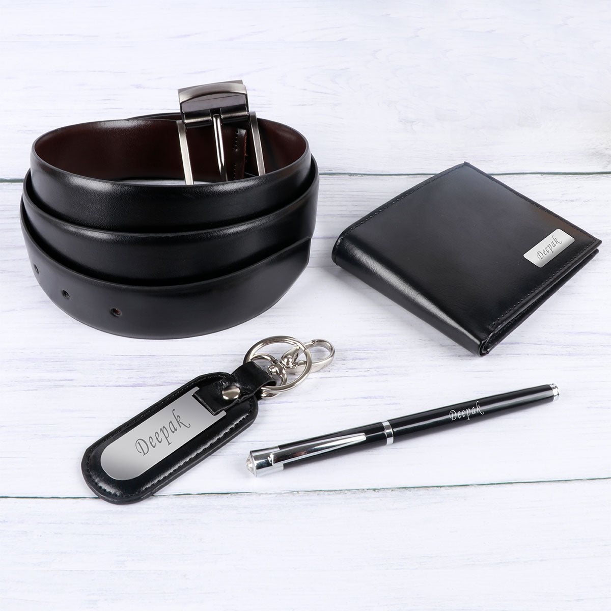 Personalized Belt Keychain Wallet & Pen Combo Black Color