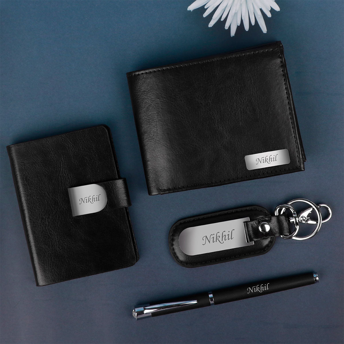 Personalized Wallet Pen Keychain & Card Holder Combo Black