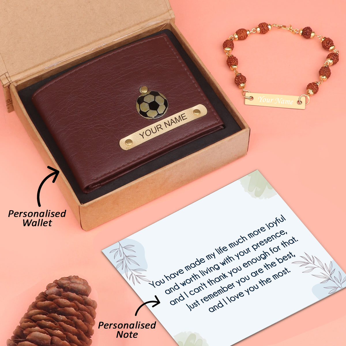 Personalized Premium Quality Leather Wallet & Rudraksh Bracelet Gift Set