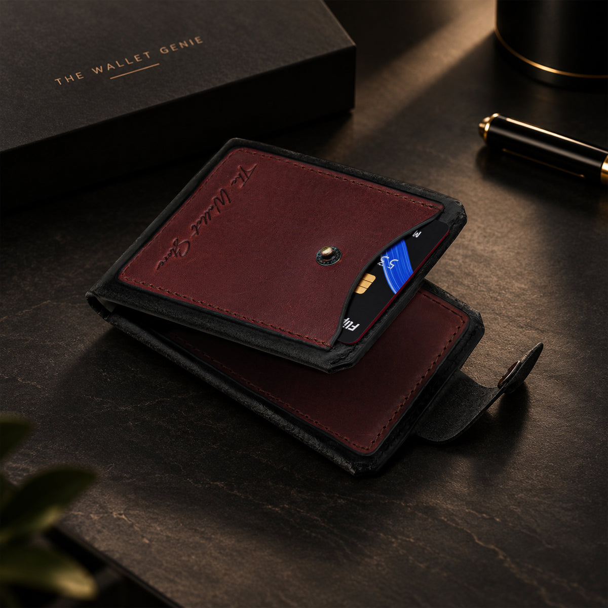 Hunter Dual-Tone Leather Wallet with Tich Button Closure - Maroon