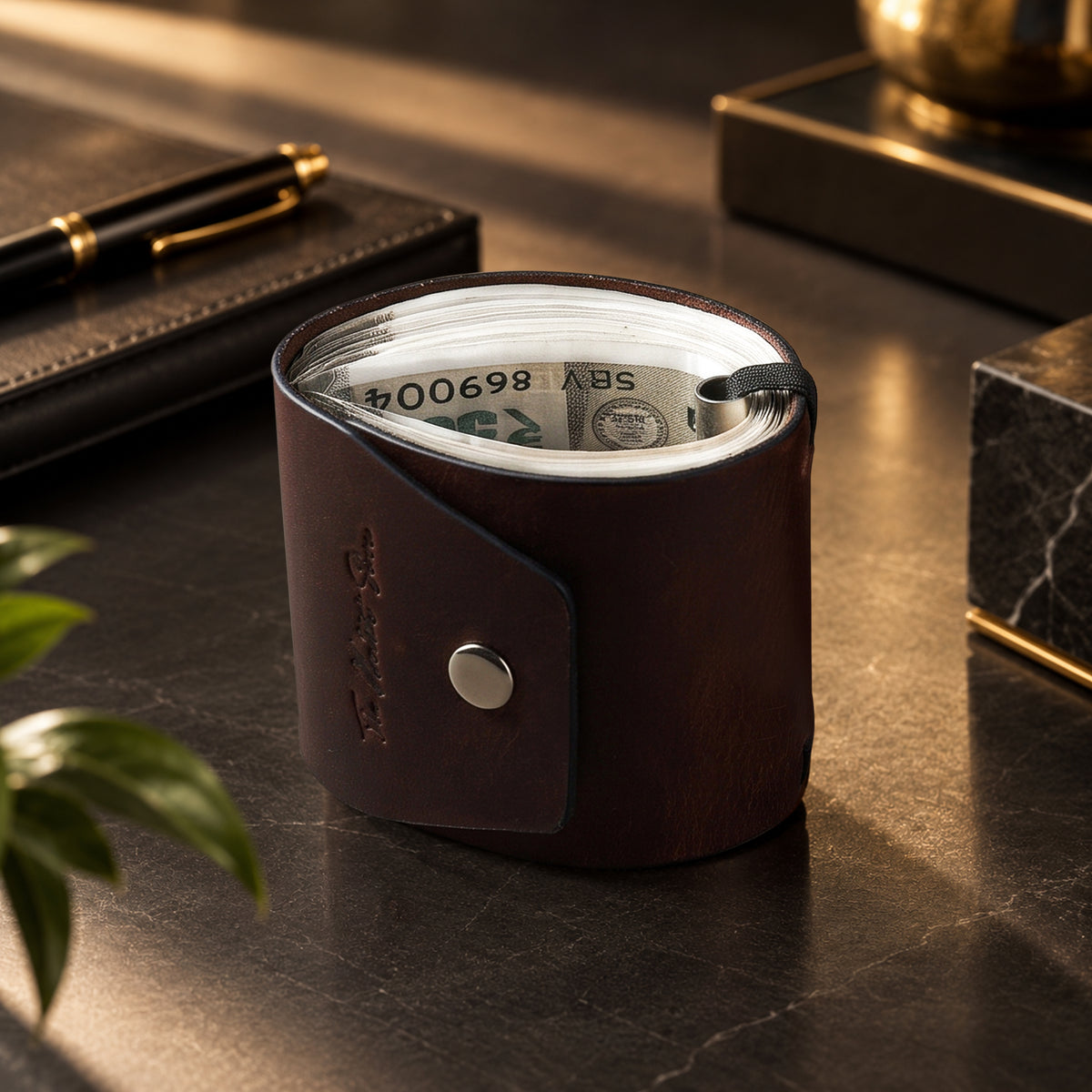 Cash Wrap Slim Leather Wallet - Brown