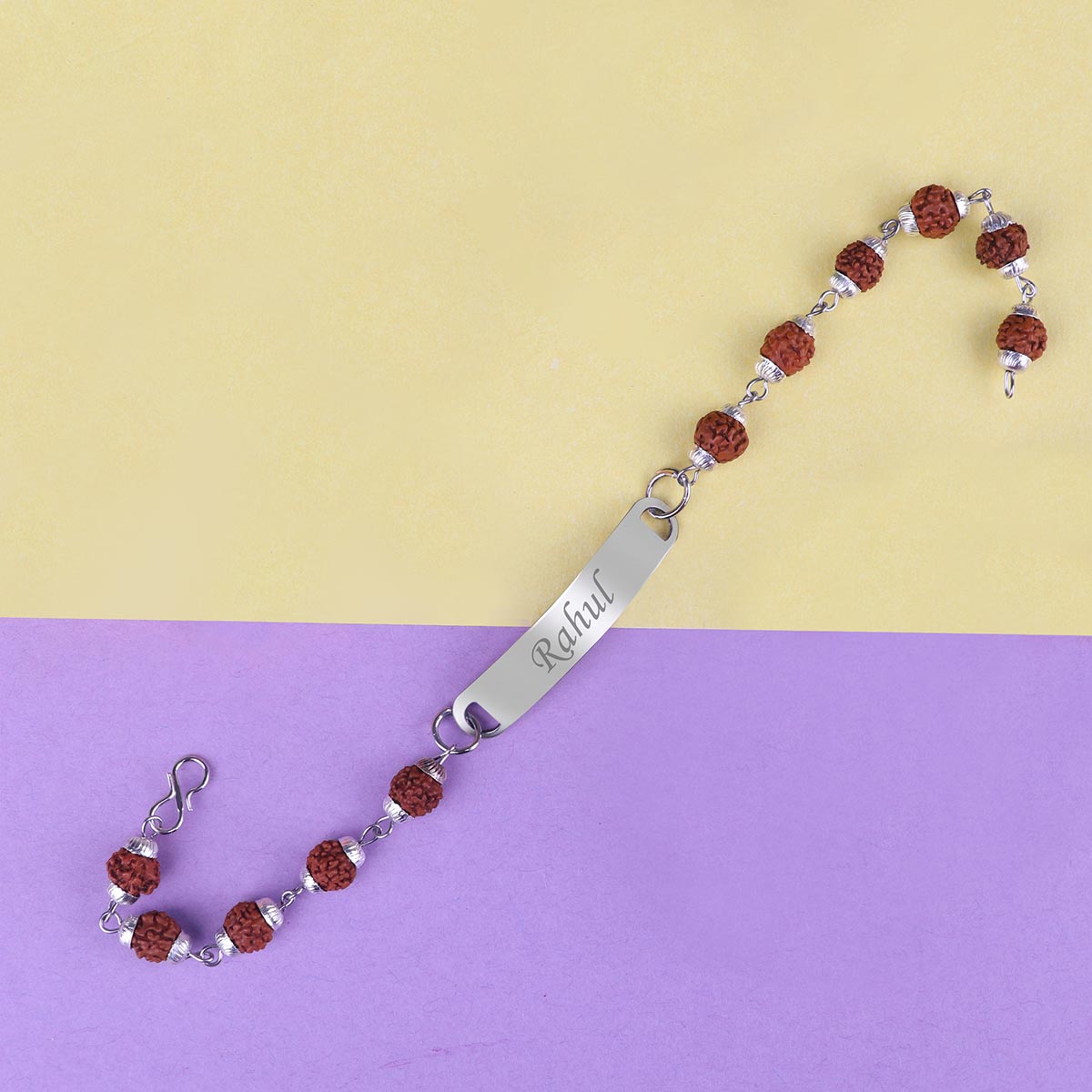 Personalized Rudraksh Chain Rakhi With Name Bar