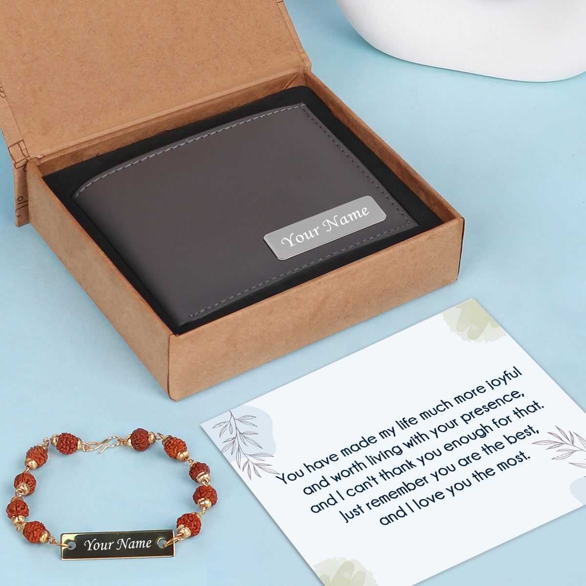 Personalized Leather Wallet & Rudraksh Bracelet Gift Set