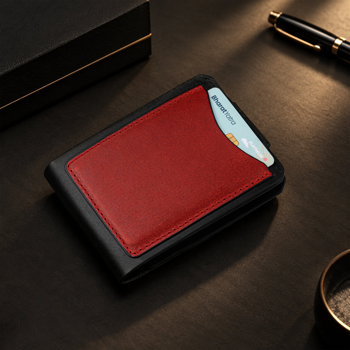 Hunter Dual-Tone Leather Wallet with Tich Button Closure - Red