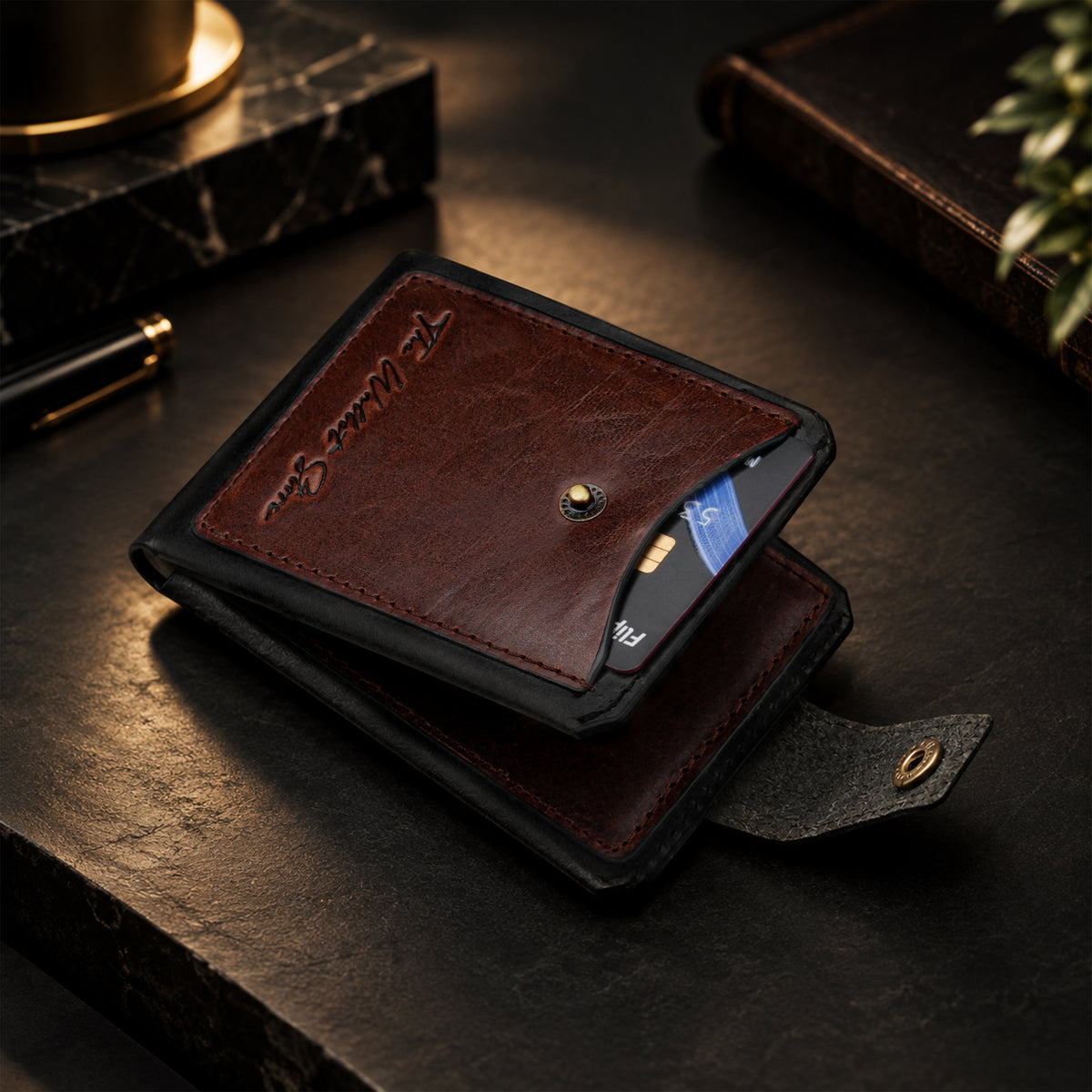 Hunter Dual-Tone Leather Wallet with Tich Button Closure - Brown