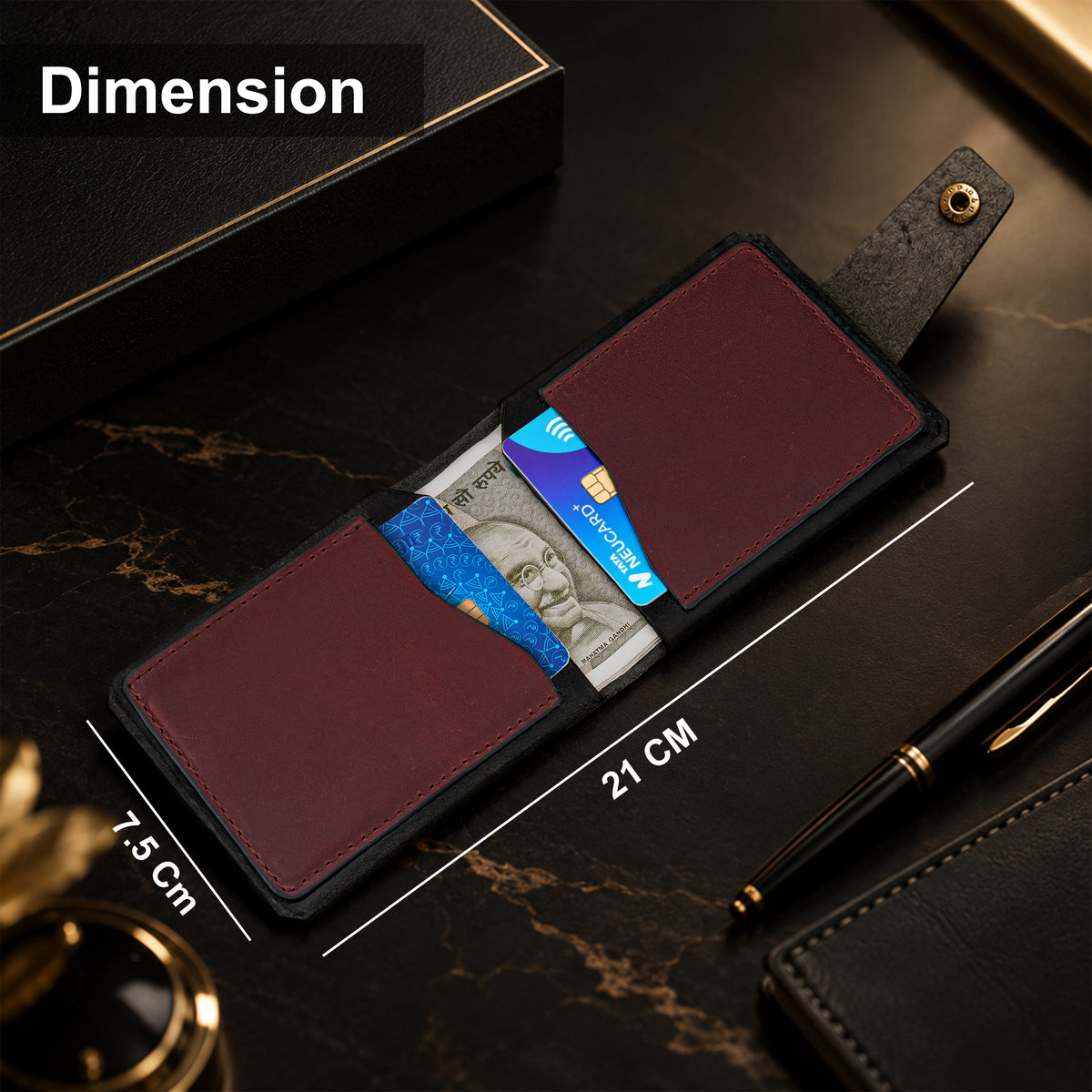 Hunter Dual-Tone Leather Wallet with Tich Button Closure - Maroon