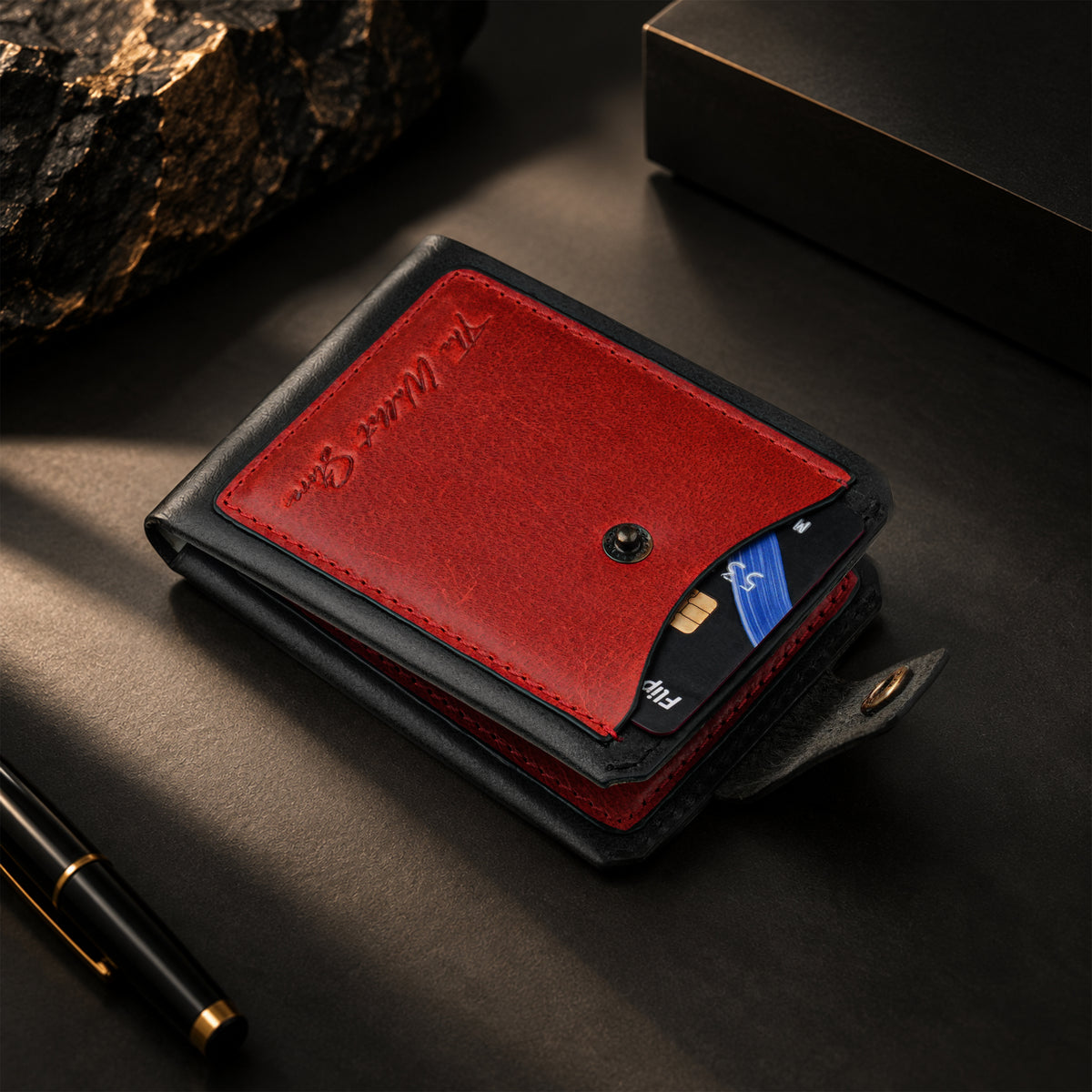 Hunter Dual-Tone Leather Wallet with Tich Button Closure - Red