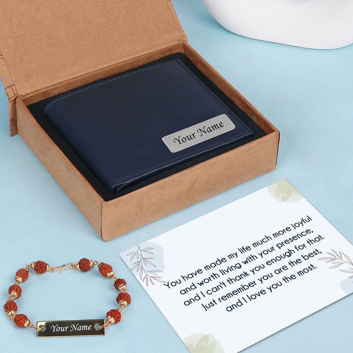 Personalized Leather Wallet & Rudraksh Bracelet Gift Set
