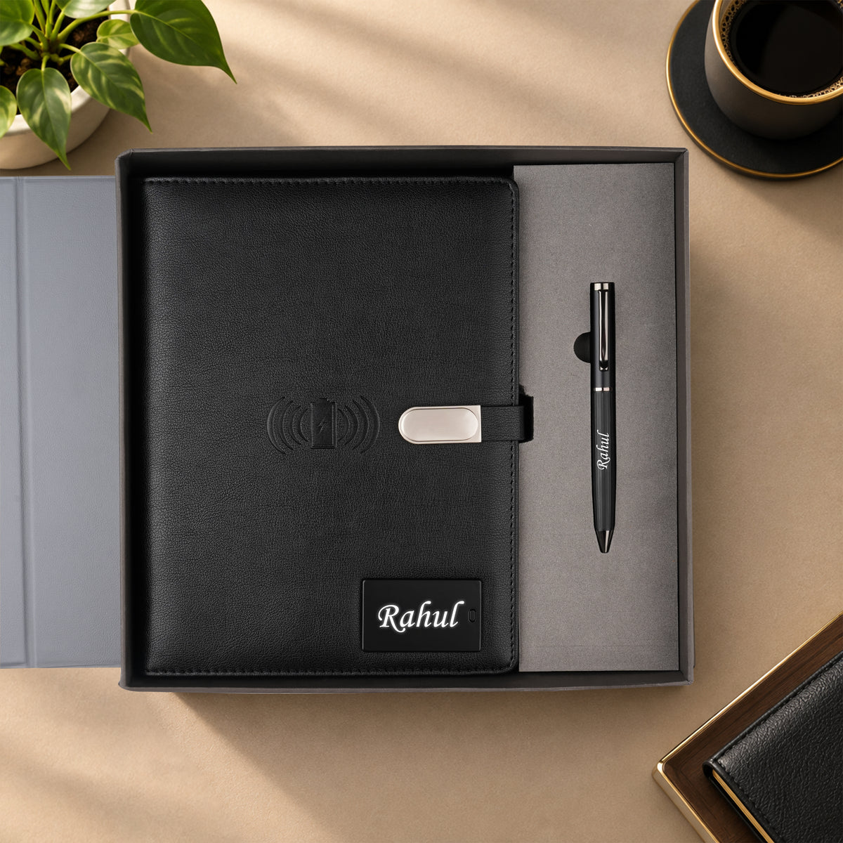 Personalized Diary & Pen Gift Set With Inbuilt LED light & Wireless Charging - Black