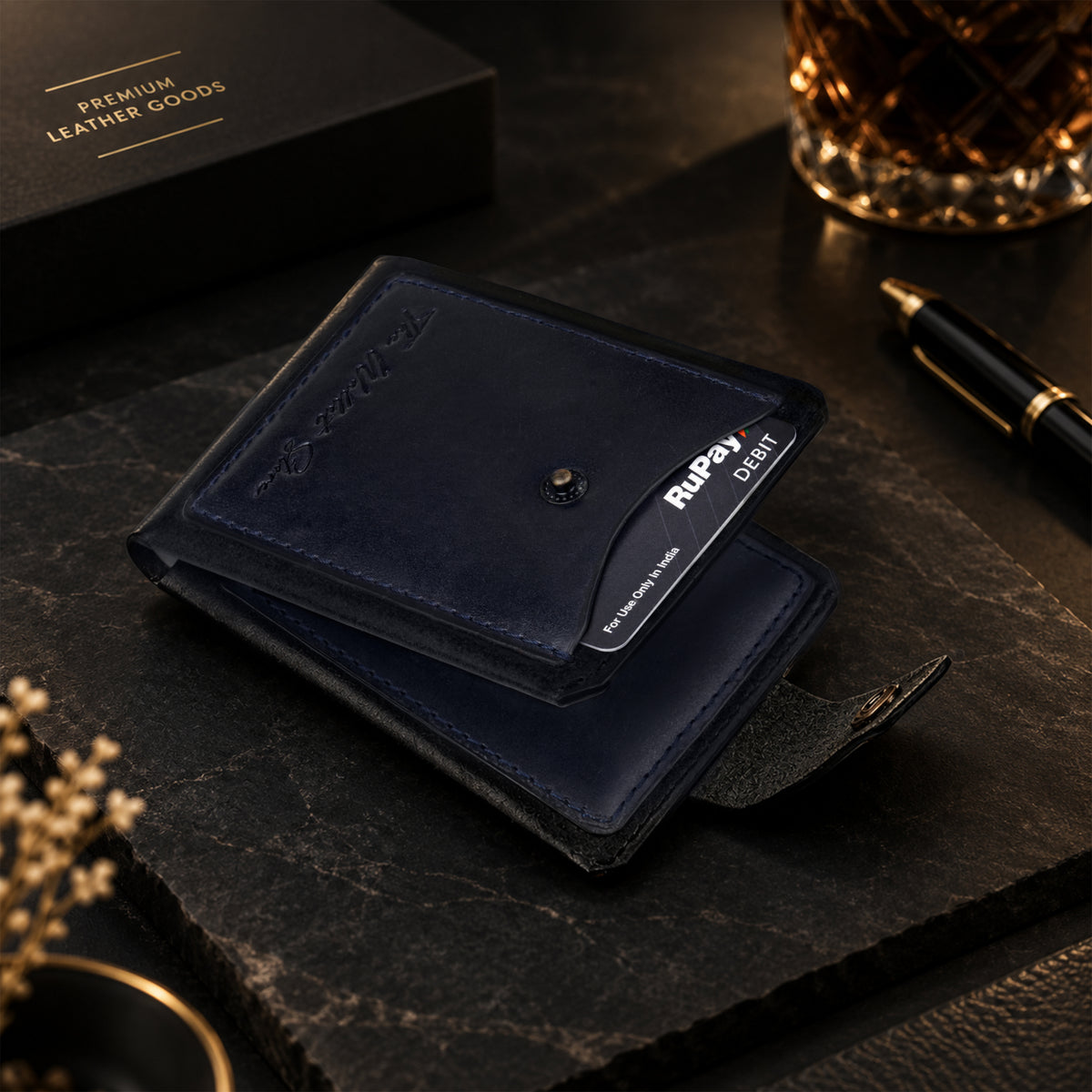 Hunter Dual-Tone Leather Wallet with Tich Button Closure - Blue