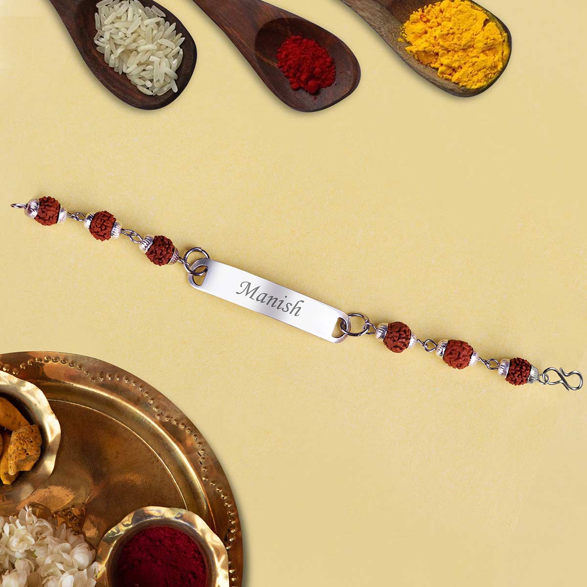 Personalized Rudraksh Chain Rakhi With Name Bar
