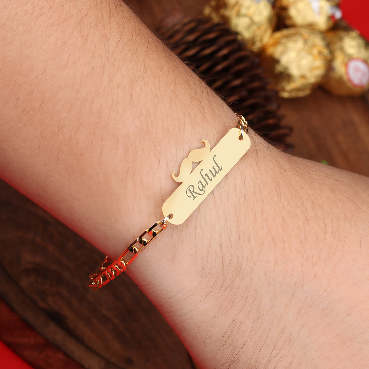Personalized Metal Moustache Rakhi With Name
