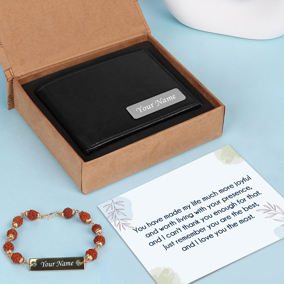 Personalized Leather Wallet & Rudraksh Bracelet Gift Set