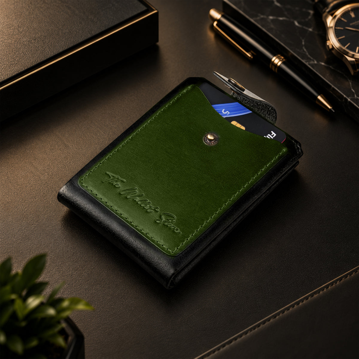 Hunter Dual-Tone Leather Wallet with Tich Button Closure - Green