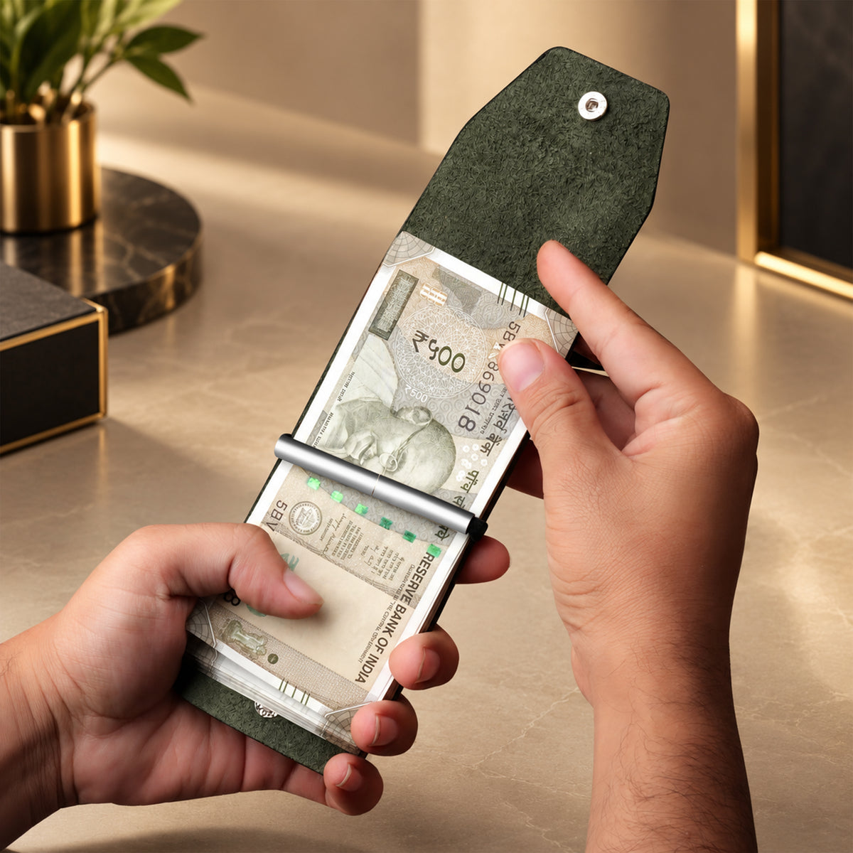 Cash Wrap Slim Leather Wallet - Green