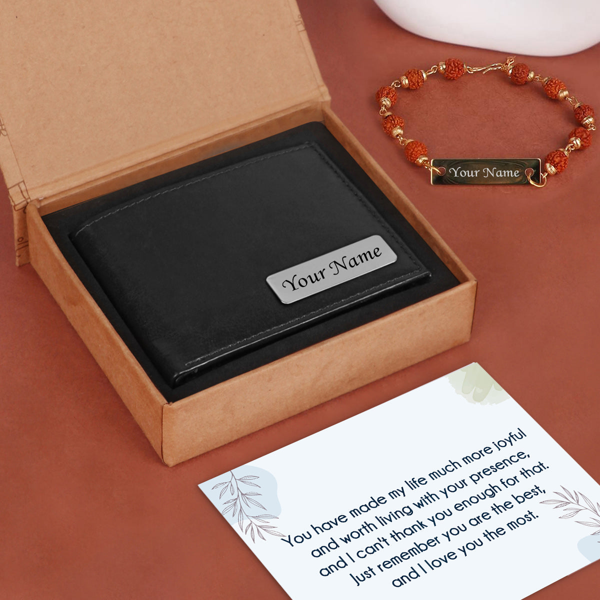 Personalized Solid Leather Wallet & Rudraksh Bracelet Gift Set