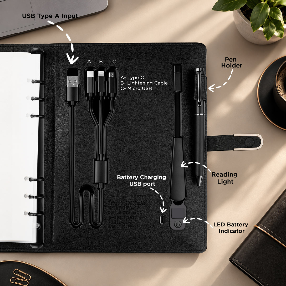 Personalized Diary & Pen Gift Set With Inbuilt LED light & Wireless Charging - Black