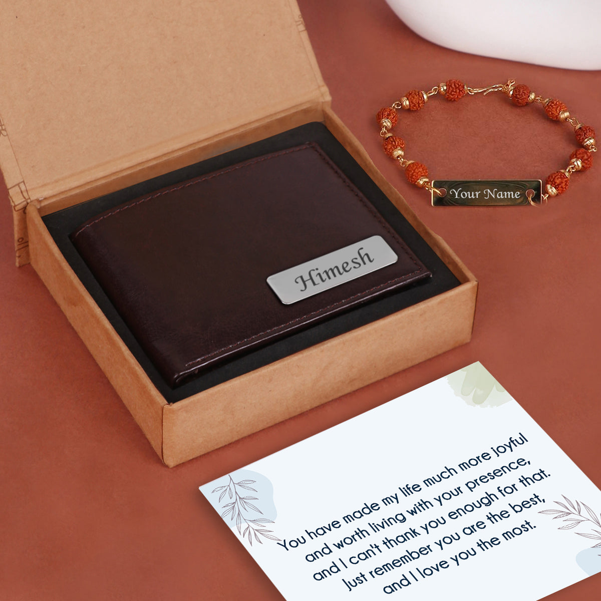 Personalized Solid Leather Wallet & Rudraksh Bracelet Gift Set