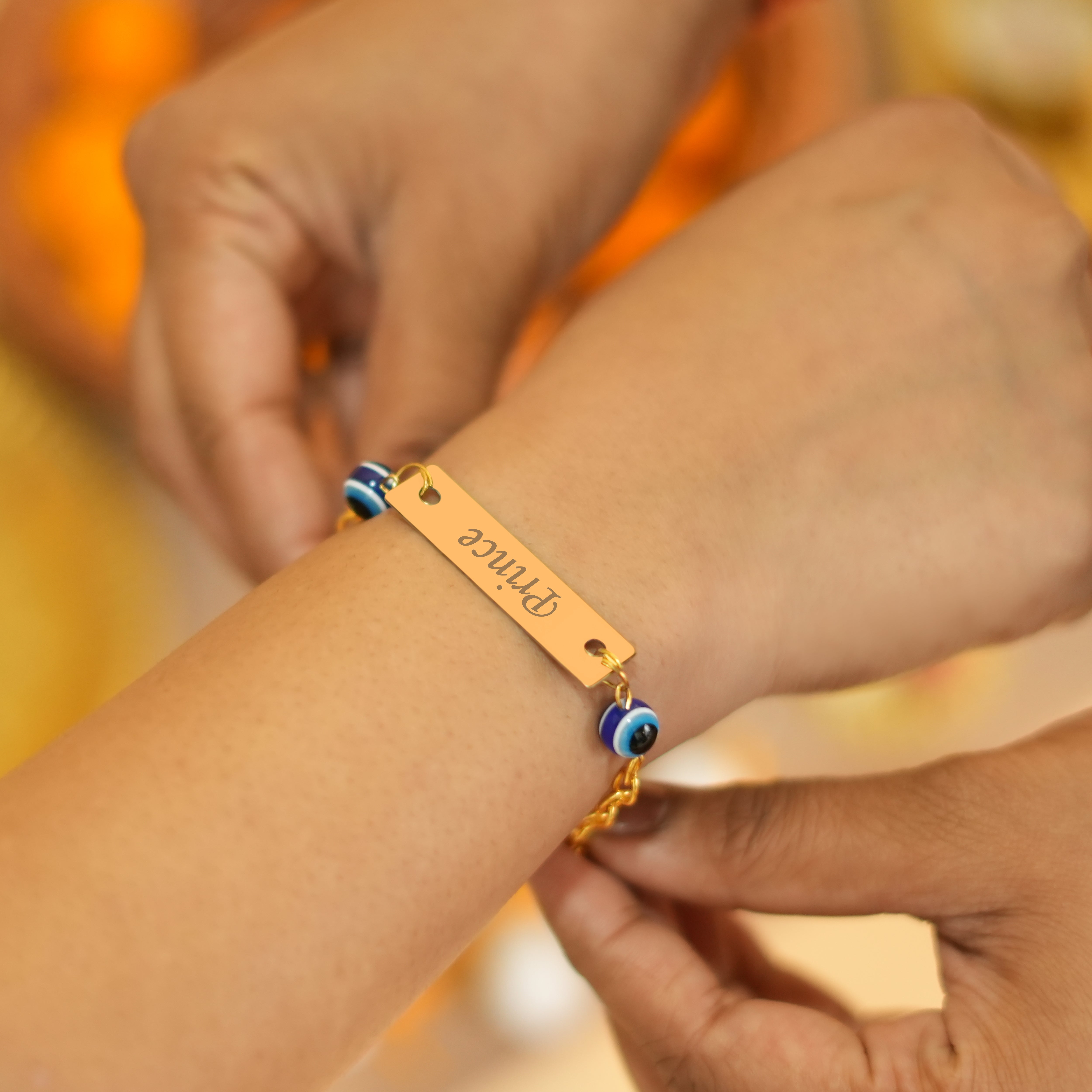 Personalized Golden Evil Eye Rakhi With Name