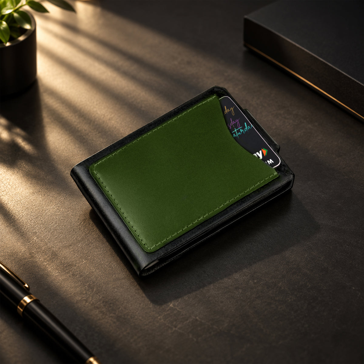 Hunter Dual-Tone Leather Wallet with Tich Button Closure - Green