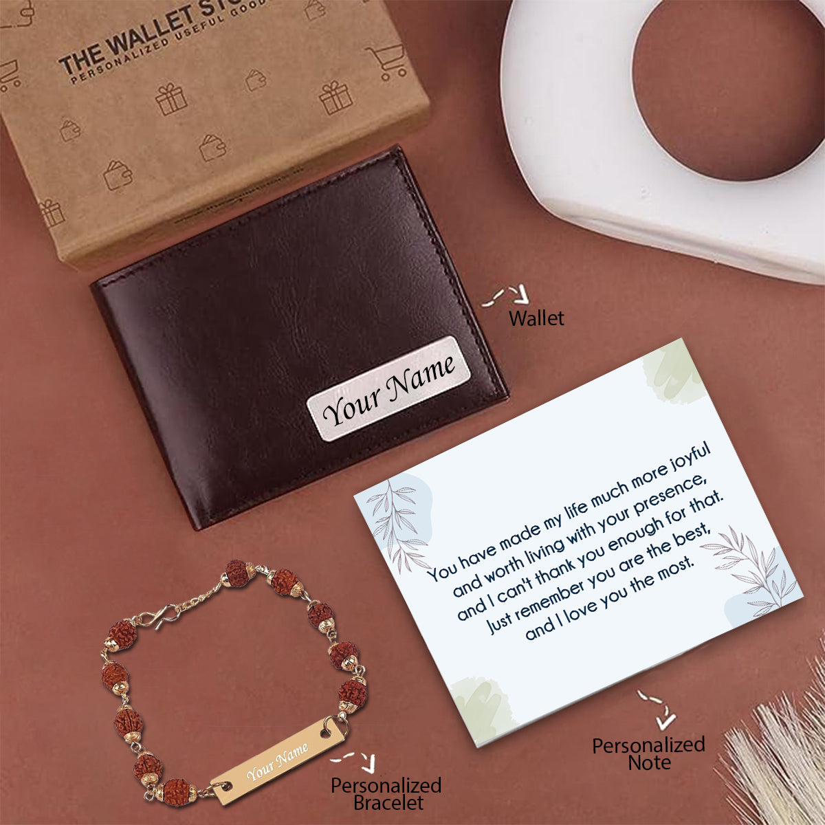 Personalized Solid Leather Wallet & Rudraksh Bracelet Gift Set