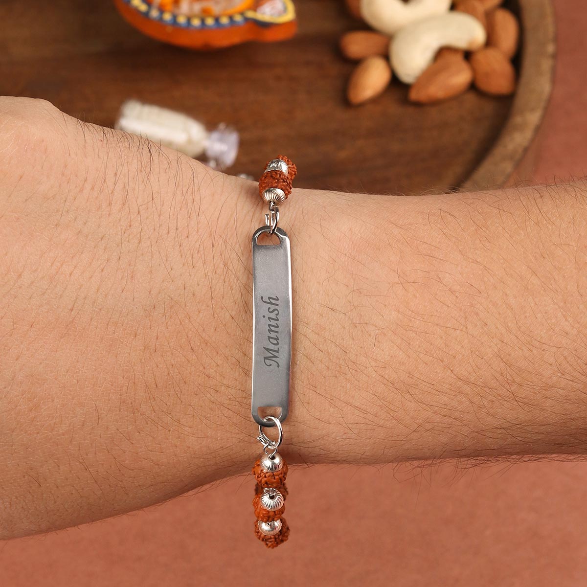 Personalized Rudraksh Chain Rakhi With Name Bar
