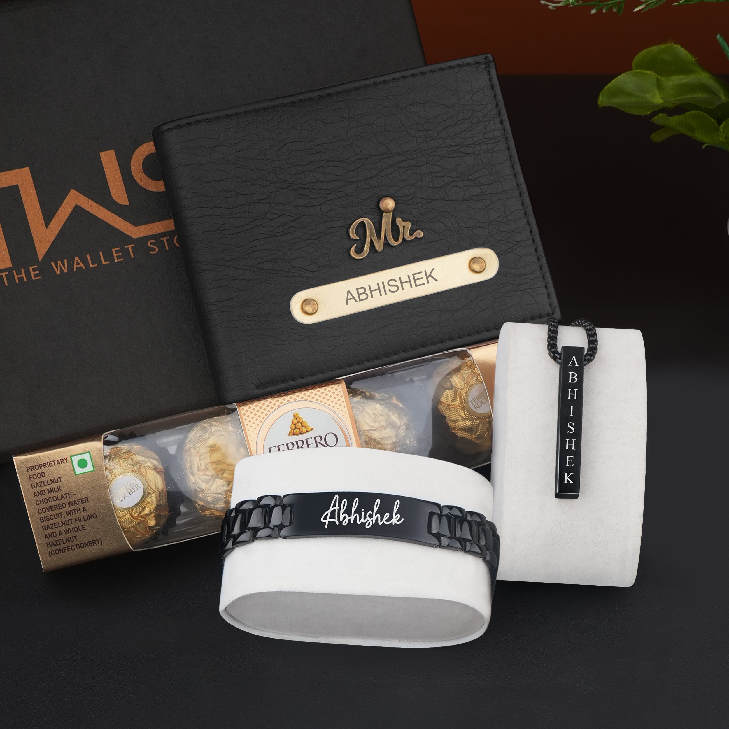 Personalized Premium Delight Wallet, Bracelet & Necklace with Chocolates Gift Set