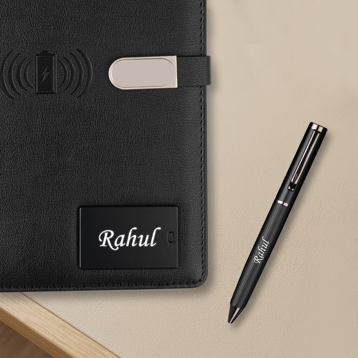 Personalized Diary & Pen Gift Set With Inbuilt LED light & Wireless Charging - Black