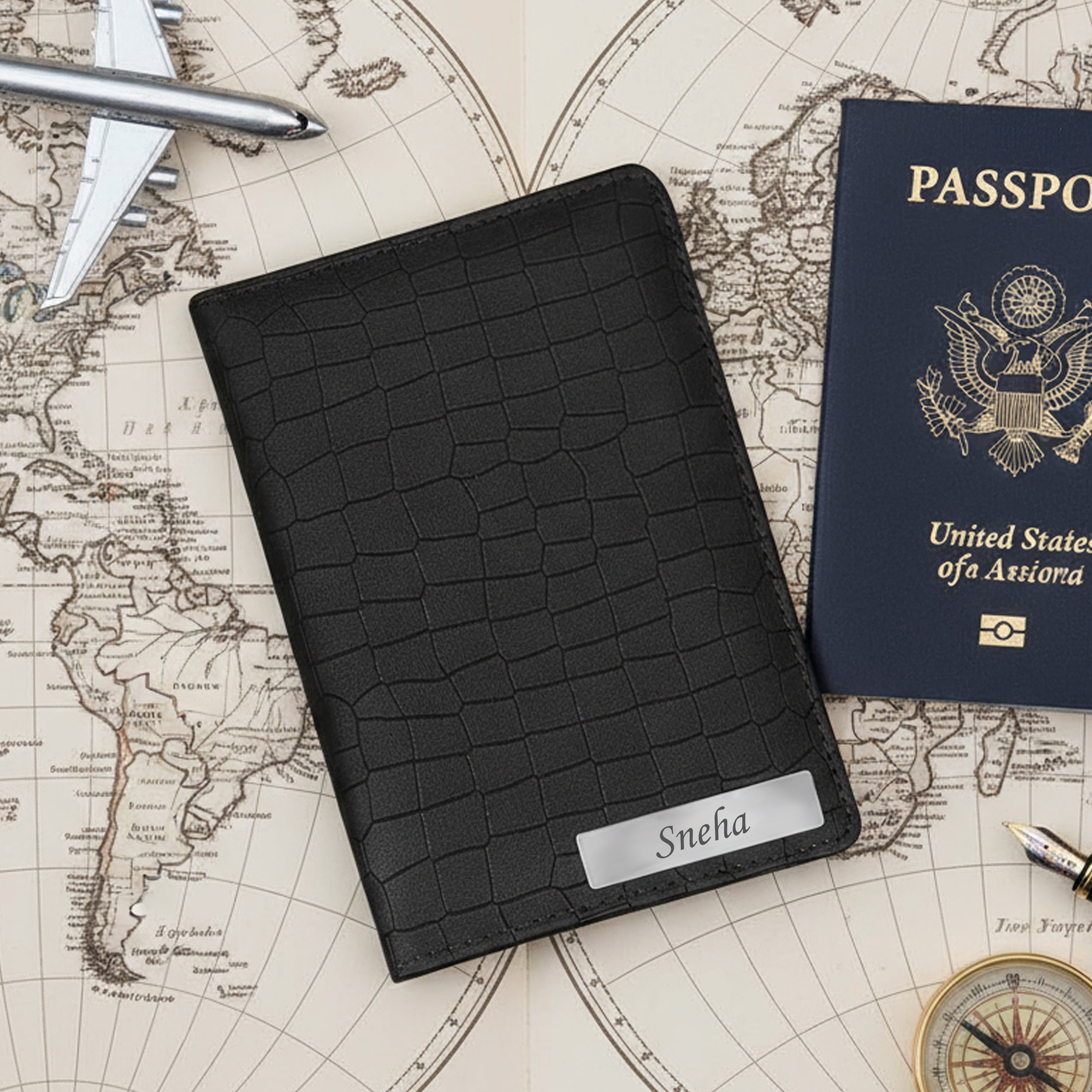Personalized Croco Design Passport Cover With Name - Black