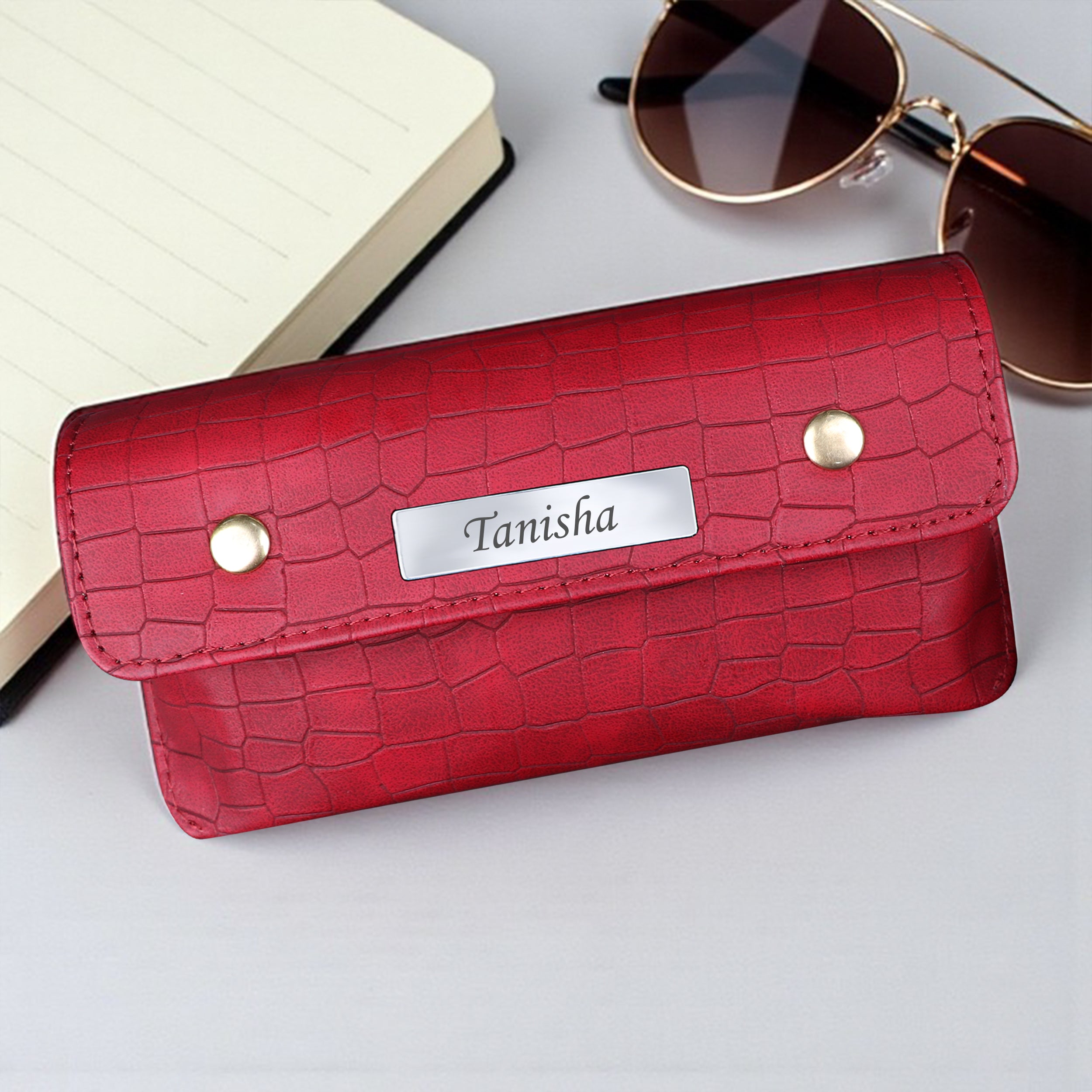 Personalized Croco Design Eyewear Case With Name - Red