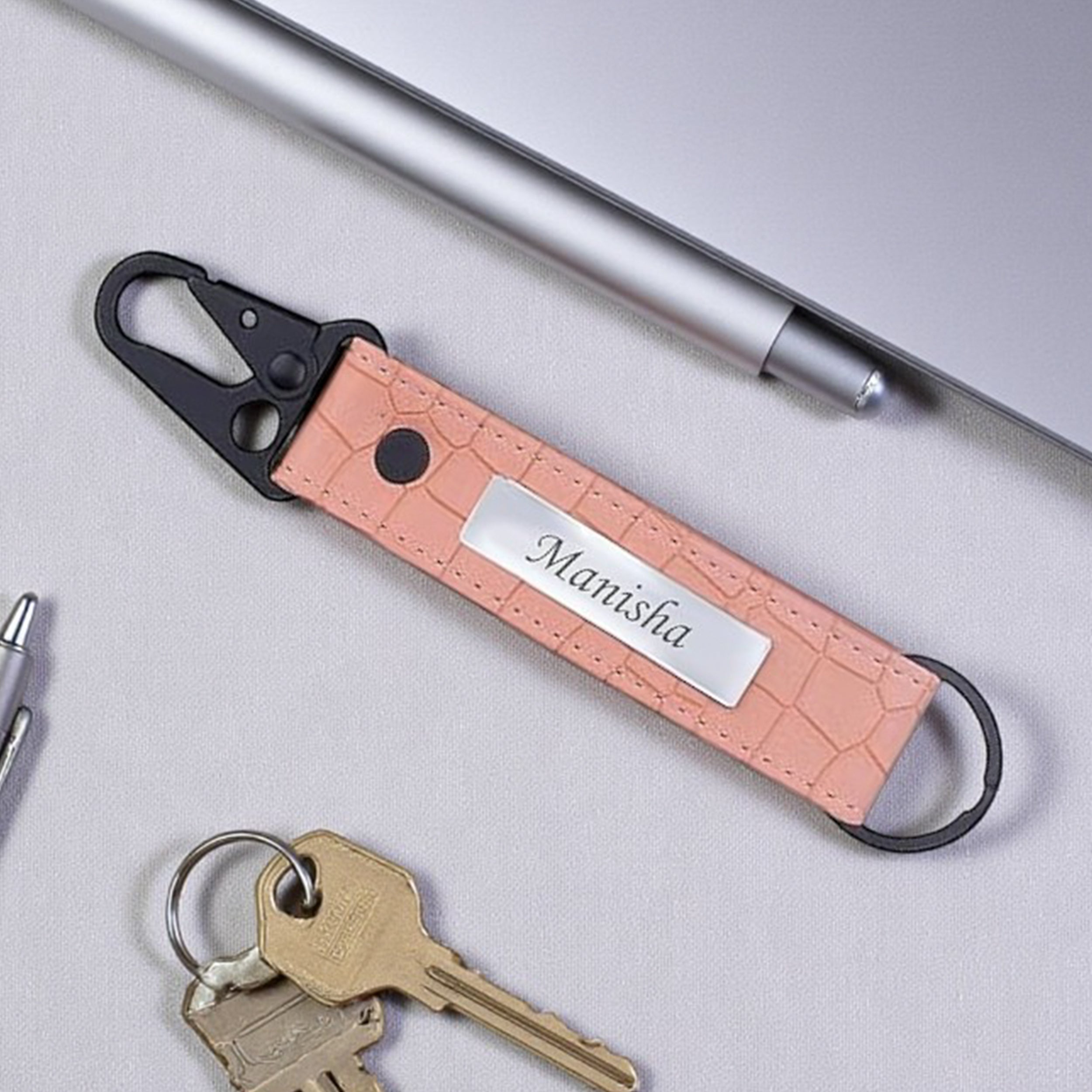 Personalized Croco Design Keychain With Name - Beige