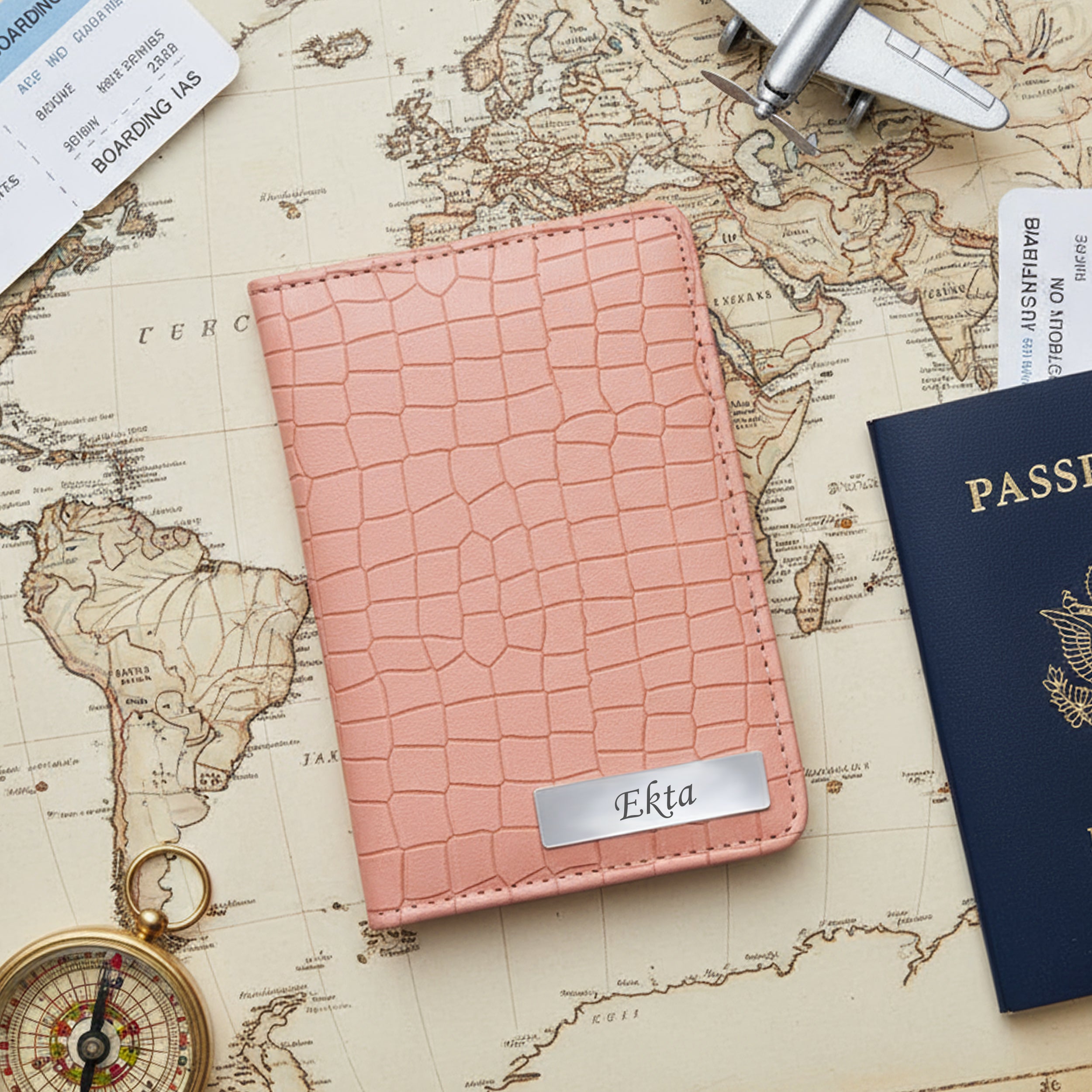 Personalized Croco Design Passport Cover With Name - Beige