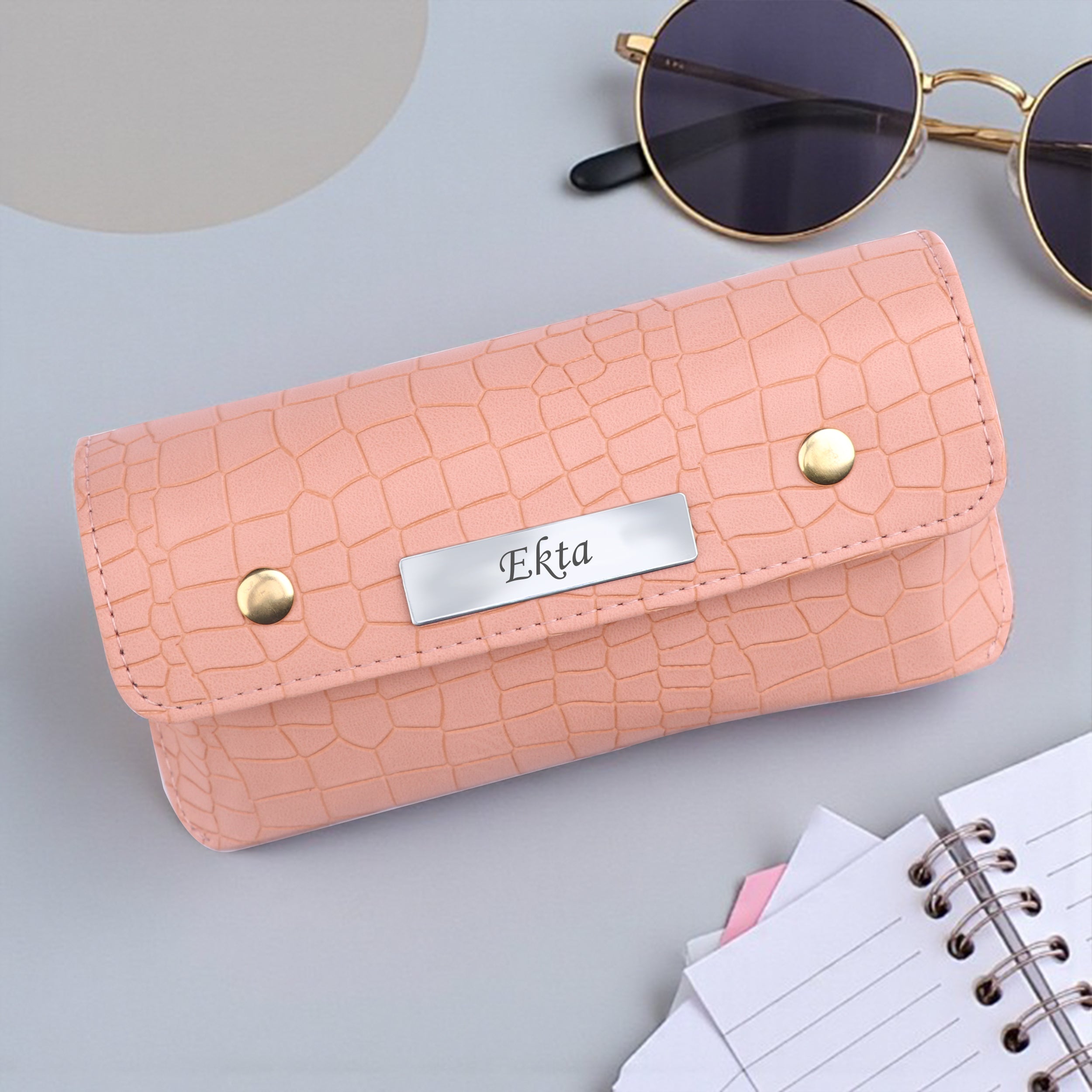 Personalized Croco Design Eyewear Case With Name - Beige