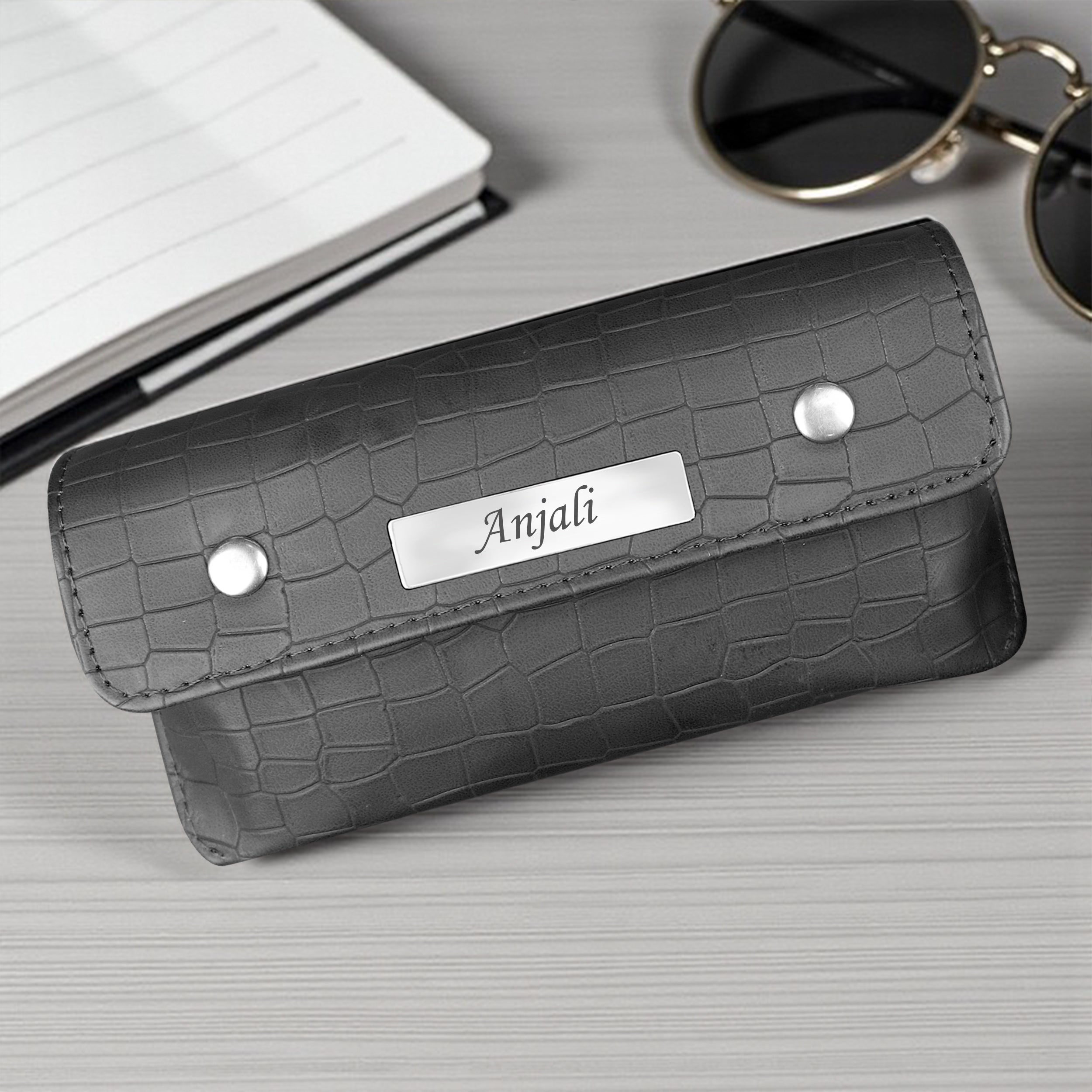 Personalized Croco Design Eyewear Case With Name - Grey