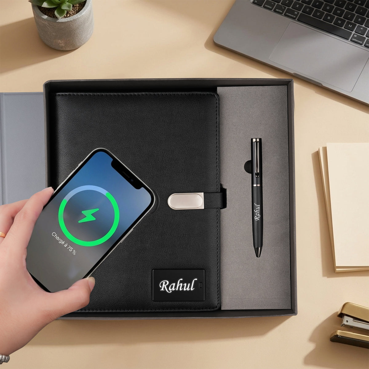 Personalized Diary & Pen Gift Set With Inbuilt LED light & Wireless Charging - Black